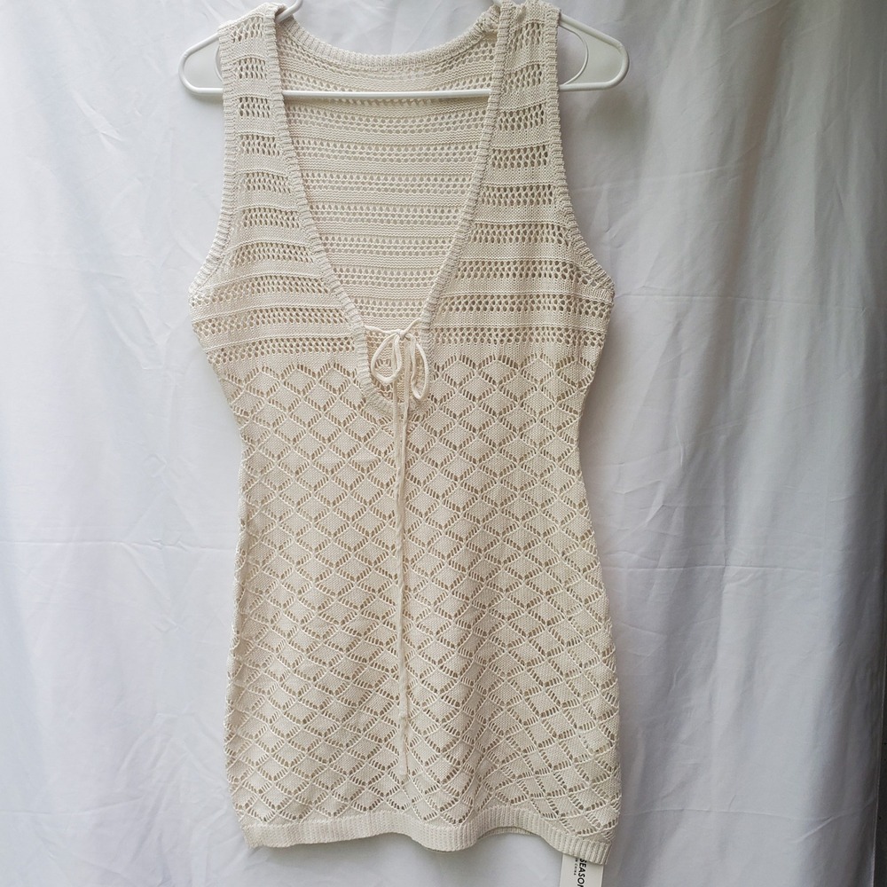 Fairy Season Cream Crochet Knit Swimsuit Cover Up Tie Front Mini Dress SM